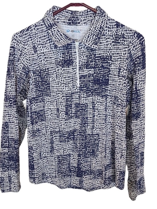 IBKUL Tops - IBKUL Womens Blue All Over Print Long Sleeves 1/4 Zip Pullover Shirt Collared L